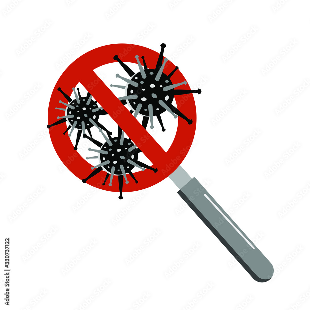 Emblem of the stop coronavirus COVID-19 through a magnifying glass, magnifier. Logo for the prevention of infections, micros.
