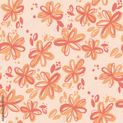 Cantaloupe color abstract sketch style fun floral seamless pattern