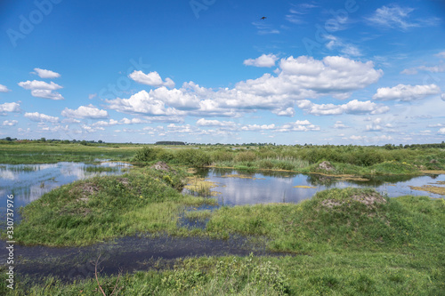 Fototapeta Naklejka Na Ścianę i Meble -  Spring flood in the field. Colorful swamp in the shake. Land reclamation on the territory and in the world. Landscape of a road in the water