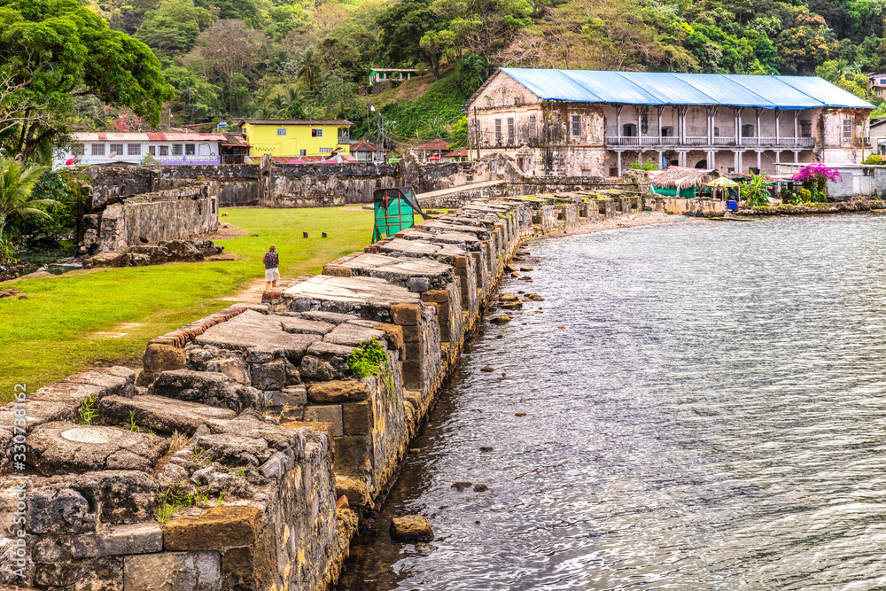 Real Aduana customs house and defense walls of Fort Jeronimo in Portobelo village, Panama