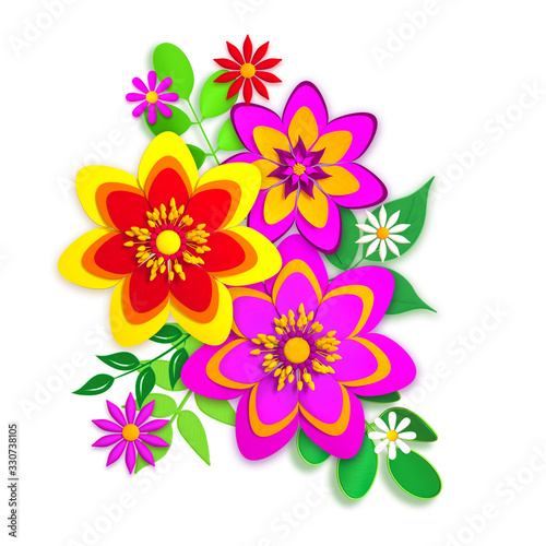 Fototapeta Naklejka Na Ścianę i Meble -  Floral arrangement, a bouquet of paper products, bright multi-colored paper flowers, Easter backdrop, Mother's day greeting card, design elements, artistic handmade, craft flower shapes, 3D rendering