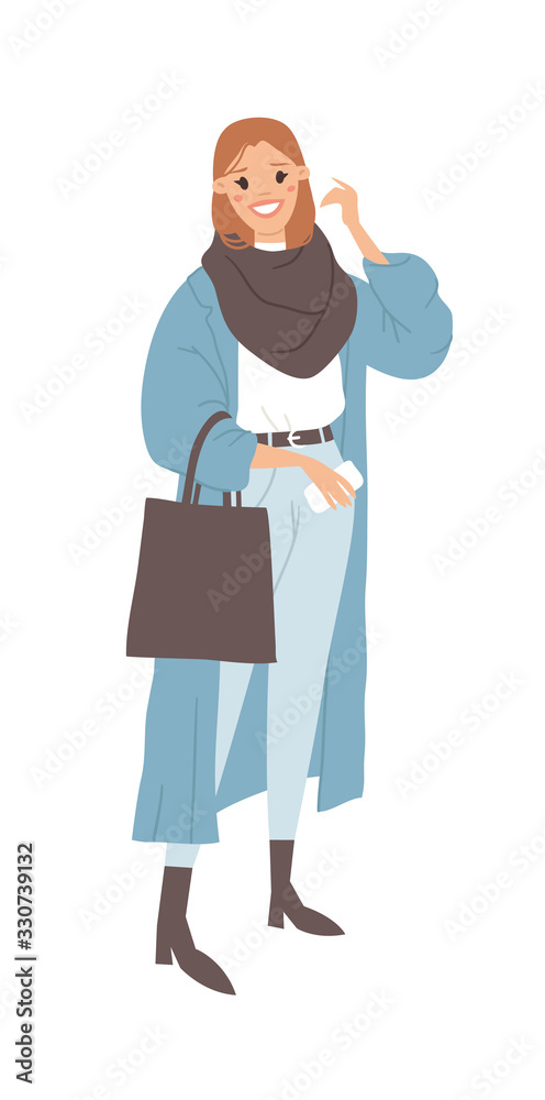 Hand drawn Fashion  illustration American or European Woman Outfit. Cartoon style vector drawing Caucasian  character. Flat art girl influencer in casual look