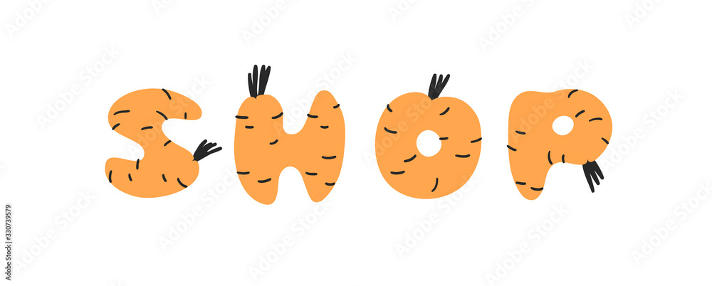 Hand drawn Carrot ABC and word. Cartoon vector illustration veggies font.  Flat drawing vegetarian food. Actual Creative Vegan art work