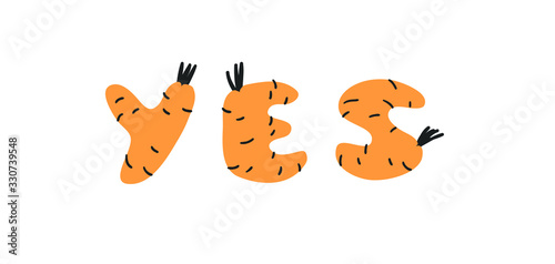Hand drawn Carrot ABC and word Cartoon vector illustration veggies font.  Flat drawing vegetarian food. Actual Creative Vegan art work