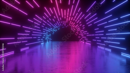 Fototapeta Naklejka Na Ścianę i Meble -  3d rendering, abstract neon background, pink blue glowing lines, ultraviolet light, empty tunnel, long corridor, path, road, performance stage, floor reflection