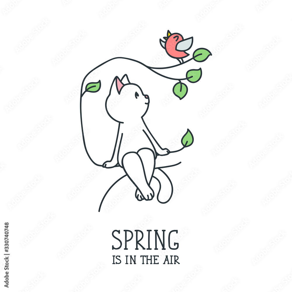 Spring Is In The Air. Cute illustration of a cat sitting on a tree and listening to a singing bird. Vector 8 EPS. Spring Is In The Air. Cute illustration of a cat sitting on a tree and listening to a singing bird. Vector 8 EPS.