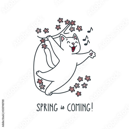Spring Is Coming. Cute illustration of a singer cat on a tree. Vector 8 EPS.