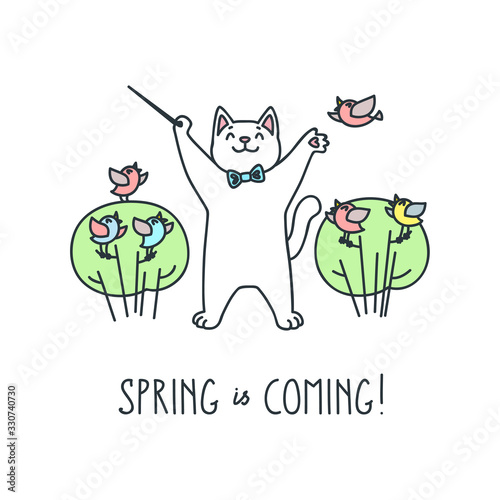 Spring Is Coming. Cute illustration of a choir director cat with birds are singing. Vector 8 EPS.