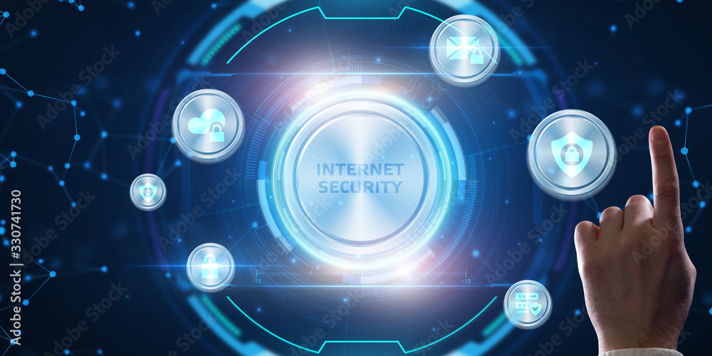 Fototapeta premium Business, technology, internet and networking concept. Young businessman working in the office, select the icon Internet security on the virtual display.