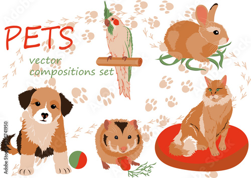 Vector illustrations set. Image of a pet. A parrot, a puppy, a hamster,a cat and a rabbit. Also on the background layer have 2 pattern brushes, bird footprint and dog footprint.
