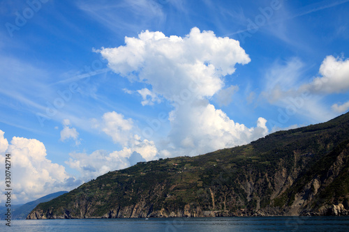 Portovenere ( SP ), Italy - April 15, 2017: Cliffs landscape near Portovenere, gulf of Poets, Cinque Terre, La Spezia, Liguria, Italy