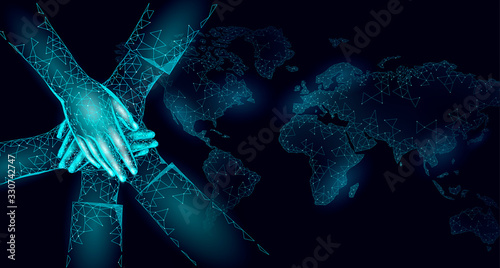World global unity business concept. Together against problem. Teamwork international solution human protection. Multicultural organisation worldwide vector illustration map