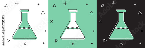 Set Test tube and flask chemical laboratory test icon isolated on white and green, black background. Laboratory glassware sign. Vector Illustration