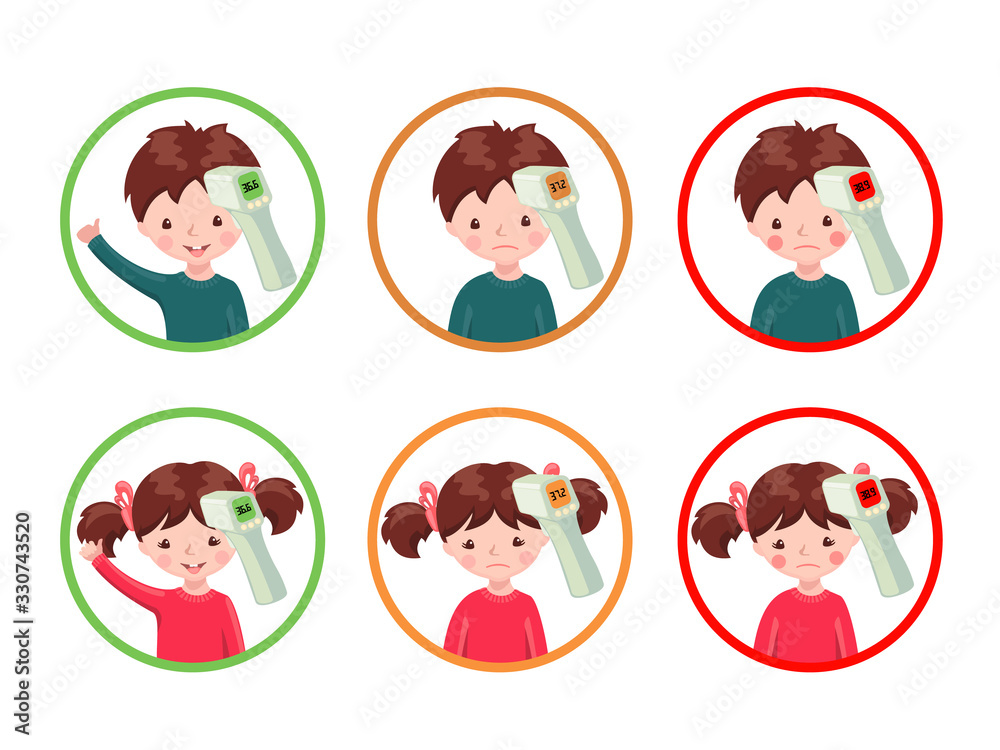 Set of icons with healthy and sick girls and boys with contactless infrared thermometer wich shows temperature. Set of icons with healthy and sick girls and boys with contactless infrared thermometer wich shows temperature.