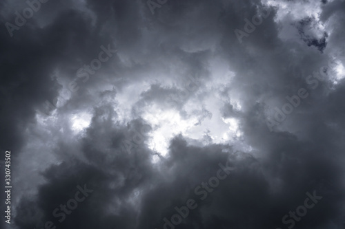 Terrible thunderclouds from the side of a plane. Gloomy epic clouds. Background image in a dark gray style.