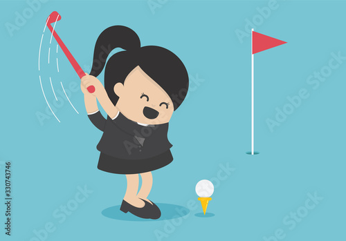 Successful Business woman is golfing with confidence.
