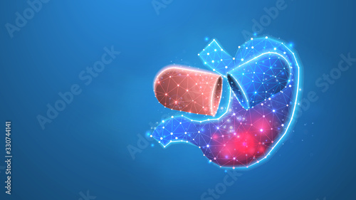 Human Stomach treatment. Capsule with medicaments, gastritis vaccine in a pill concept. Low poly, wireframe 3d Raster illustration. Abstract polygonal image on blue neon background