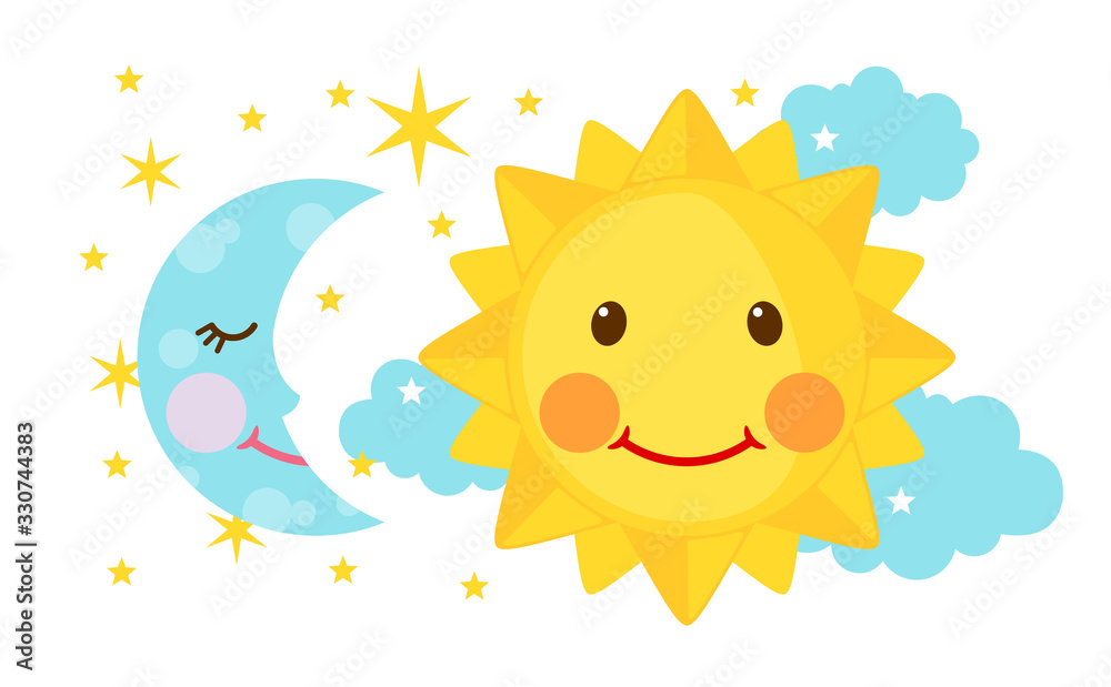 Cute Moon and Sun icons in flat style isolated on white background. Cute Moon and Sun icons in flat style isolated on white background.
