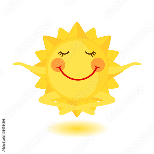 Cute sun is meditating in flat style isolated on white background.