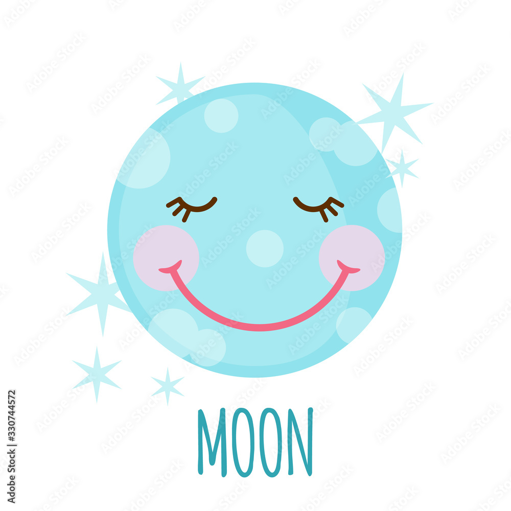 Cute moon icon with stars in flat style isolated on white background.