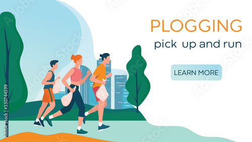 Plogging. People pick up trash during a jog. Woman and man