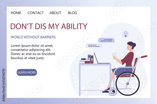 Disabled young woman in wheelchair working in office.