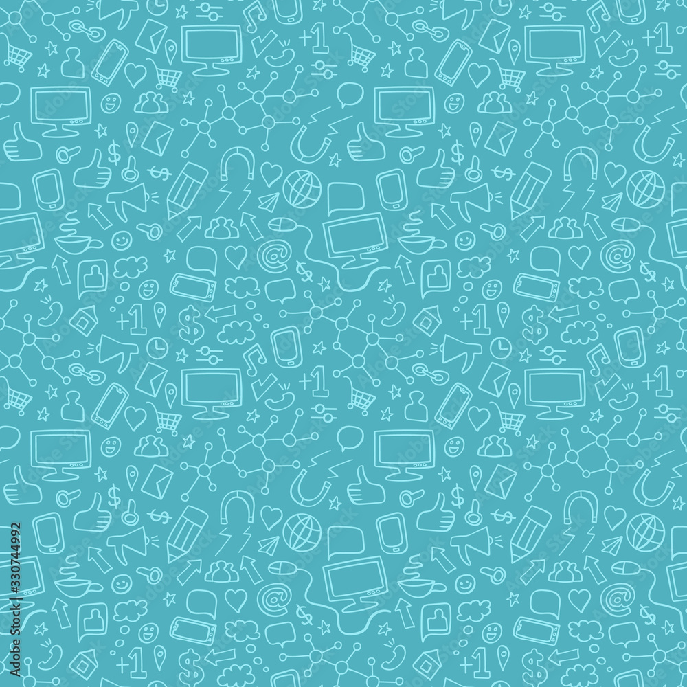 Social media doodle seamless pattern. Internet technology background. Vector illustration.