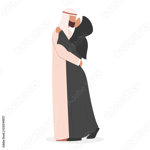 Modern muslim couple kissing each other. Arabian woman and man