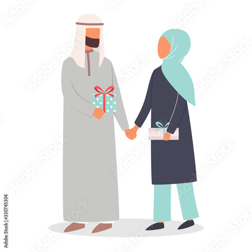 Modern muslim couple on a date giving a gift. Arabian woman and man