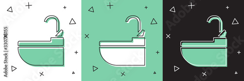 Set Washbasin with water tap icon isolated on white and green, black background. Vector Illustration