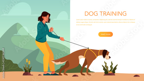 Dog training web banner concept. Happy puppy having a command