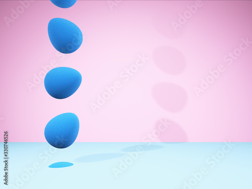 Falling blue eggs on pink and blue background. Pastel colors. 3d render image