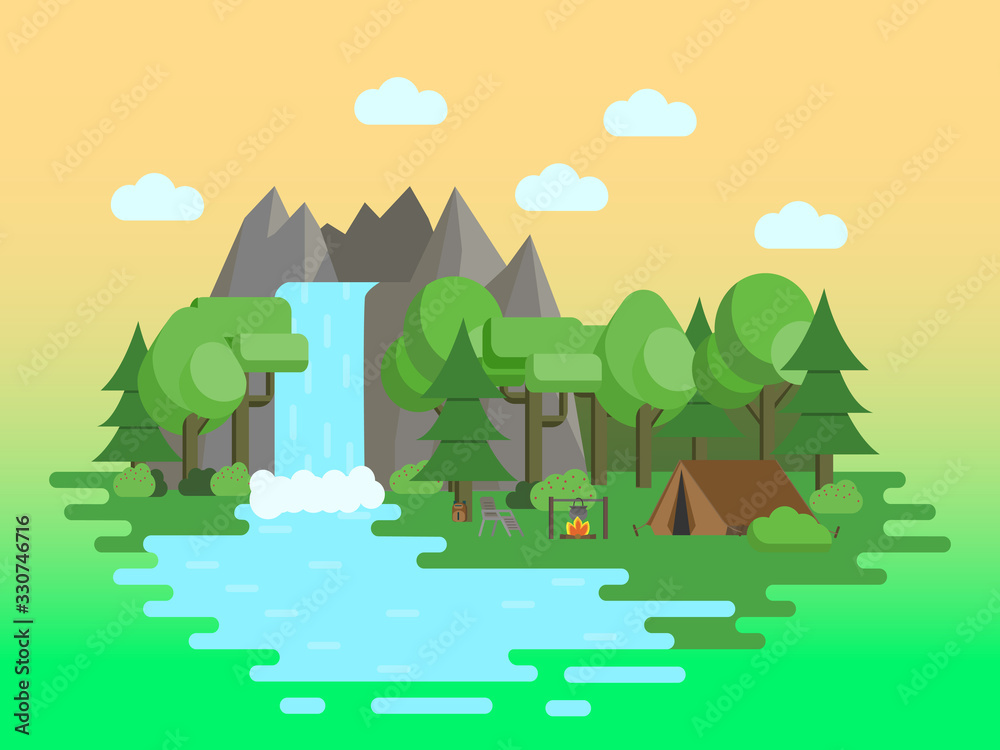 Flat design landscape with tent, fire, forest and mountains.