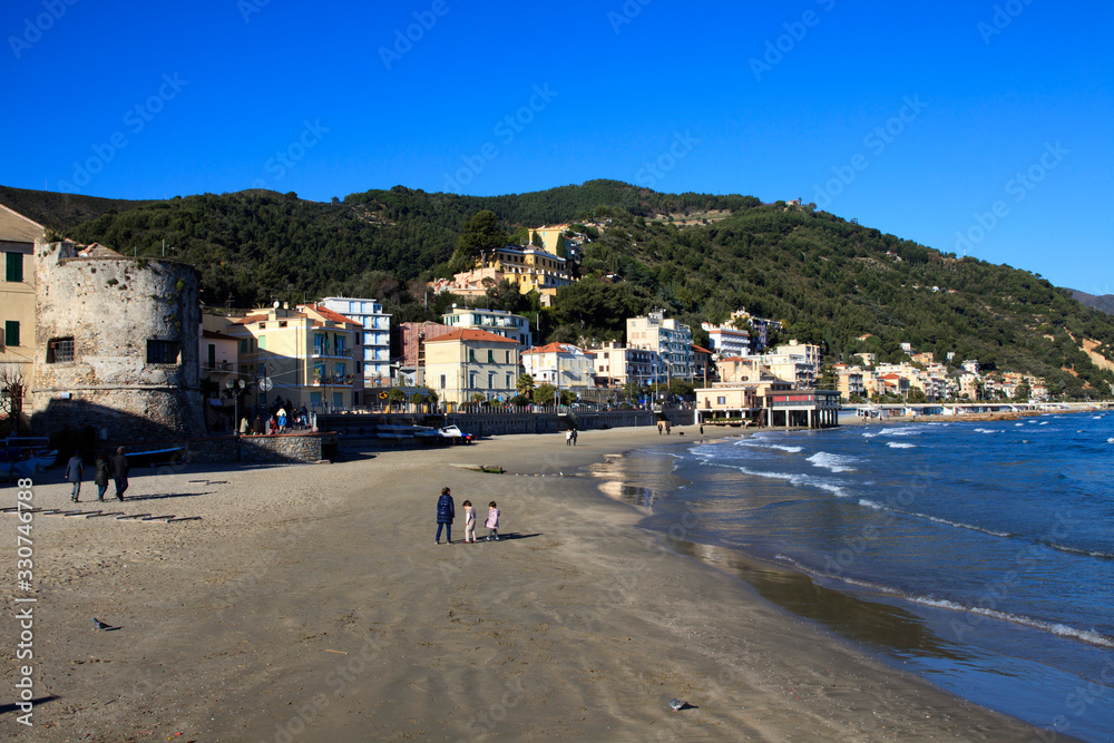 Laigueglia (SV), Italy - February 15, 2017: Laigueglia beach, Riviera dei Fiori, Savona, Liguria, Italy.
