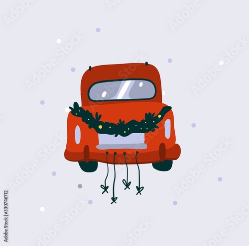 Hand drawn vector abstract graphic illustration with wedding red just married car isolatedon white background