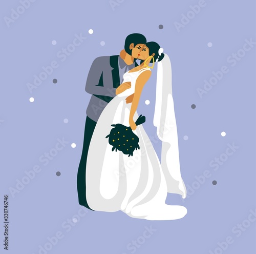 Hand drawn vector abstract graphic illustration with beautiful wedding kissing couple characters isolatedon purple background