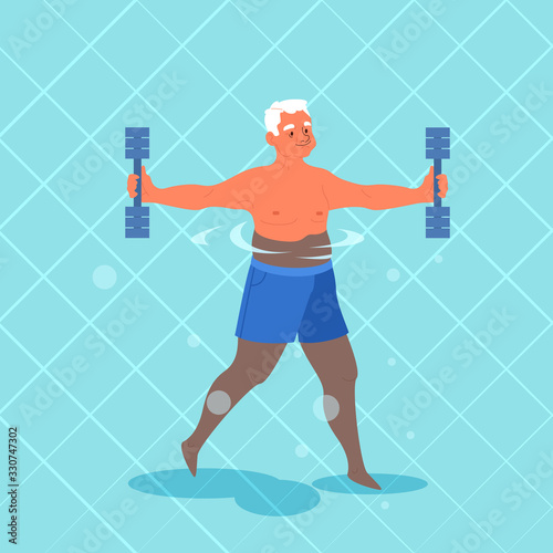 Old man doing exercise with swimming pool dumbbell.