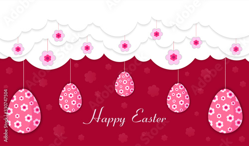 Happy Easter banner, poster, greeting card with eggs, spring flowers hanging from the clouds on a purple isolated background