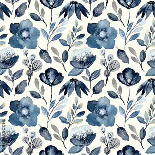 indigo watercolor floral seamless pattern