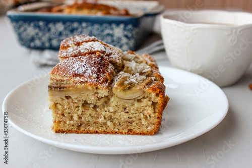 banana cake in a form and on a plate