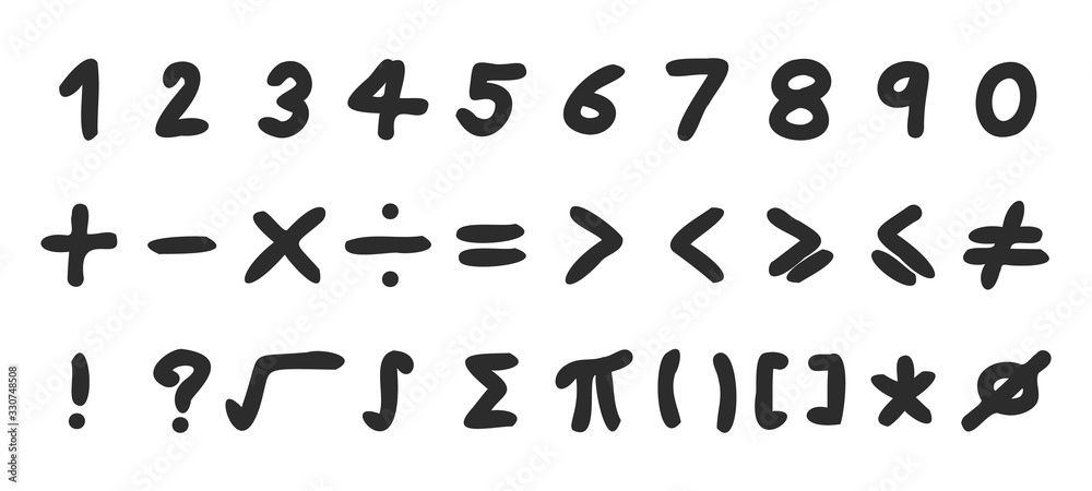 Black color hand drawing of number letter and mathemetics symbol on white background
