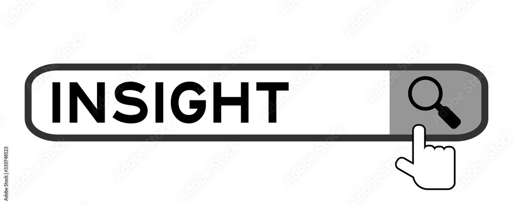 Search box with word insight and hand icon over magnifier on white background Search box with word insight and hand icon over magnifier on white background