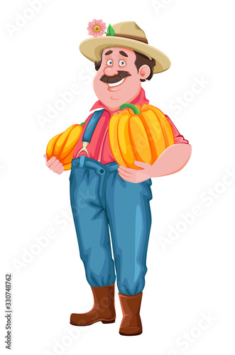Cheerful farmer holding pumpkins © vectorkif