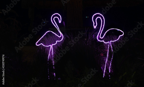 Electric neon sighn of the summer. Flamingo, clouds, lightning, water drops and the text: @coco plzzz..Night club signs. photo