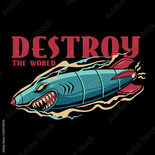 Shark bomb illustration. Destroy the world. Pop style design