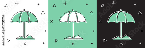 Set Sun protective umbrella for beach icon isolated on white and green, black background. Large parasol for outdoor space. Beach umbrella. Vector Illustration