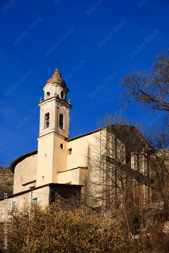 Triora (IM), Italy - February 15, 2017: The church in the witches village of Triora, Imperia, Liguria, Italy.