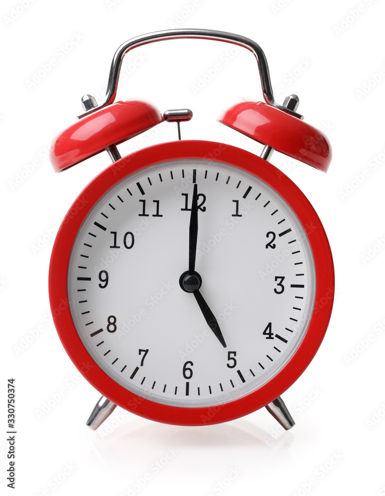 Fotografie Red alarm clock set at five isolated over white background