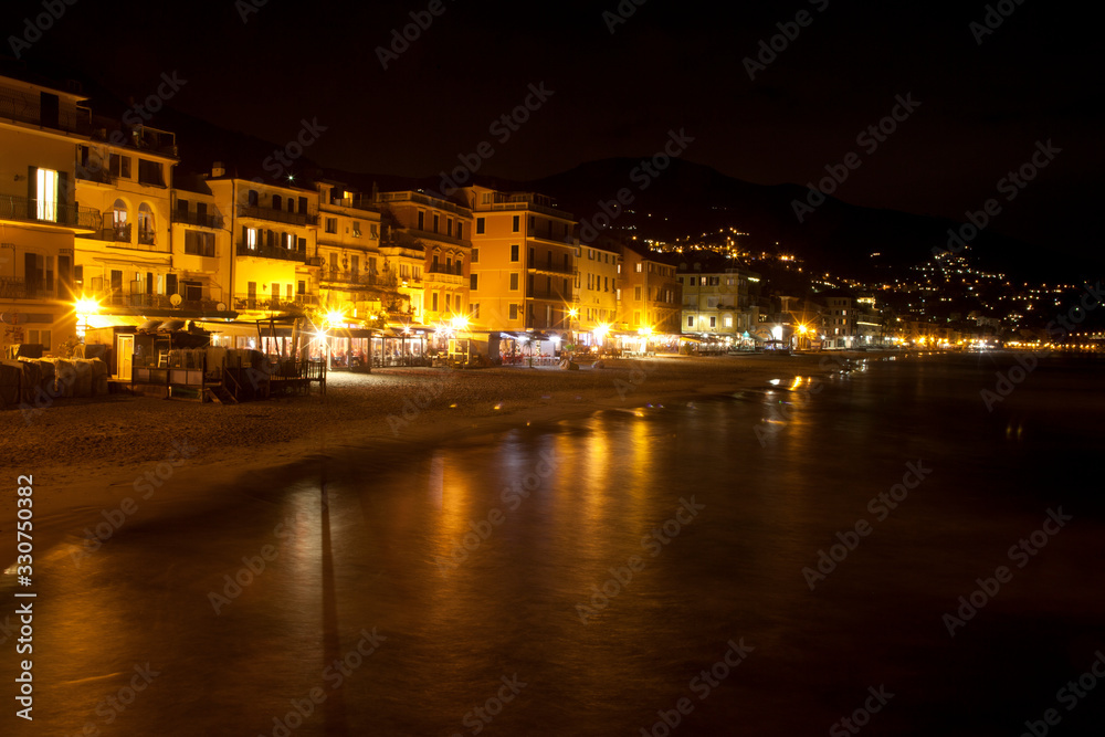 Alassio (SV), Italy - February 15, 2017: Alassio town at night, Riviera dei Fiori, Savona, Liguria, Italy.