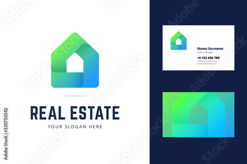 Logo and business card template for real estate, house rental services. Simple geometric house symbol in modern gradient line style. Vector illustration.